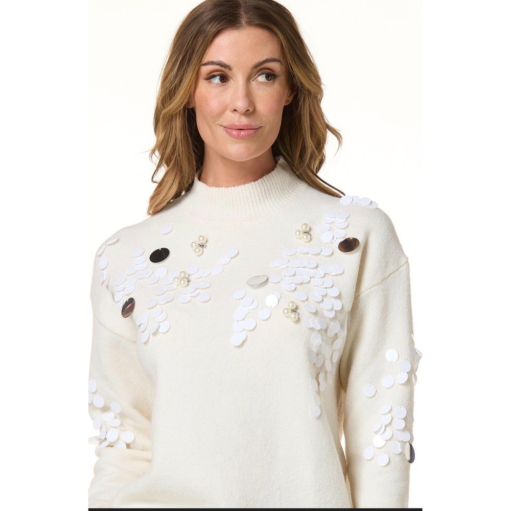 Cream Sequin Pearl Mock Neck Sweater Womens‎ XL Soft Girl Pearlcore NWT